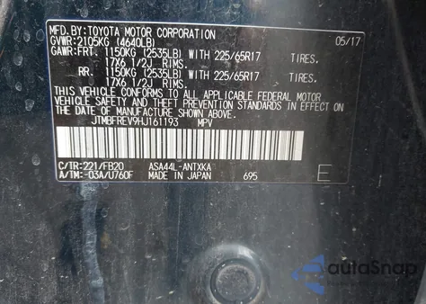 2017 Toyota Rav4 Le z USA, uszkodzony, nr VIN JTMBFREV9HJ161193